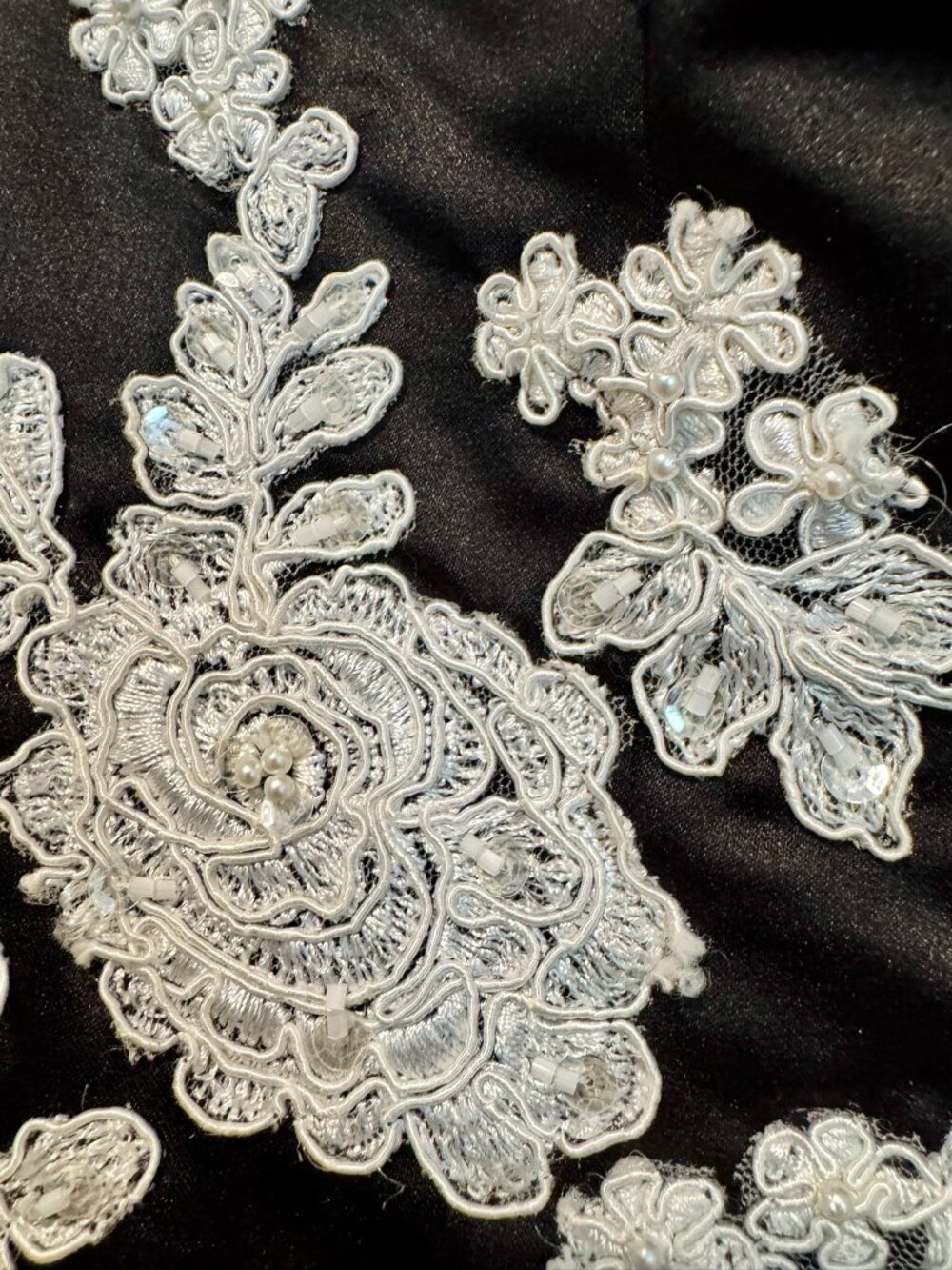 JOVANI Black Satin Strapless A‑Line Gown—White Lace & Beaded Floral Appliqué — 6 - Picture 3 of 9